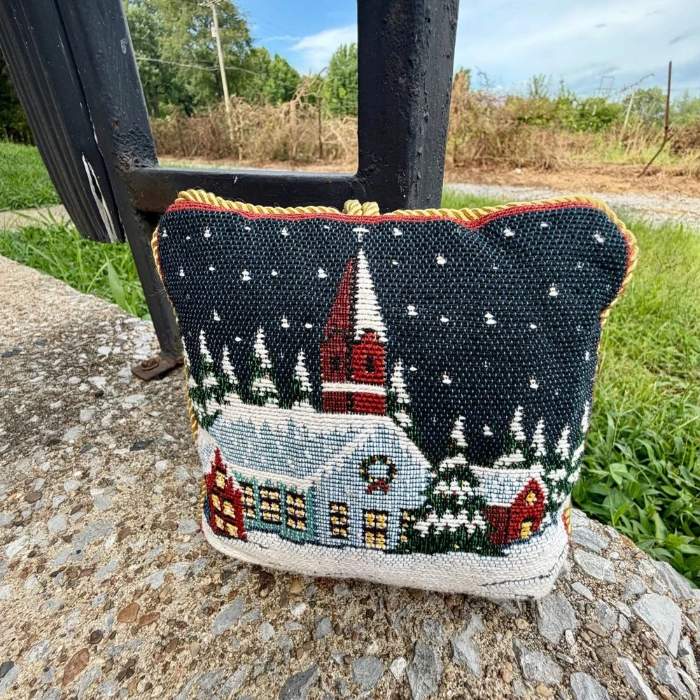 Vintage Christmas Needlepoint Pillow Doorhangers Set of 2 Snowman Church Winter